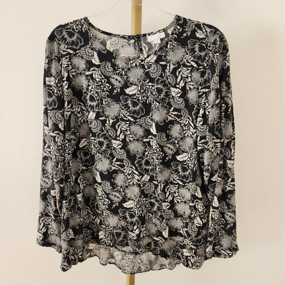 J. Jill Long Sleeve Pullover Blouse Womens Size Medium Black White Floral
